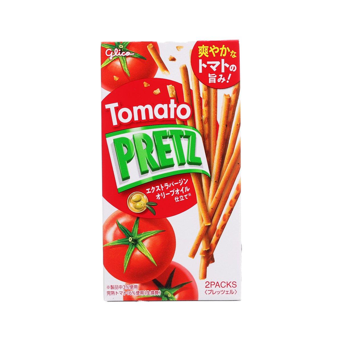 Tomato-flavored Pretz biscuit stick pack, red/green front with 2 packs label.