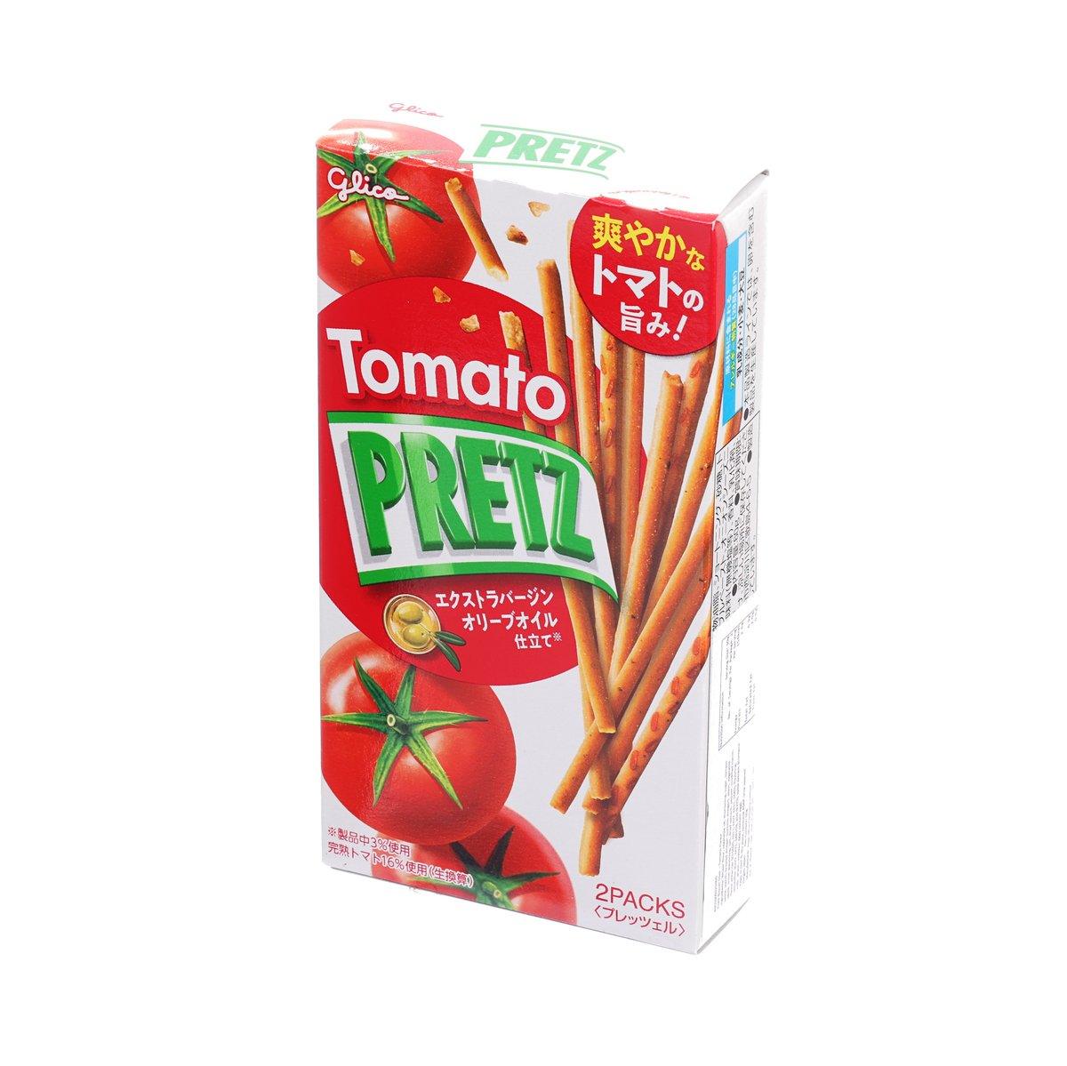 Tomato-flavored Pretz biscuit stick pack, angled front with 2 packs label.