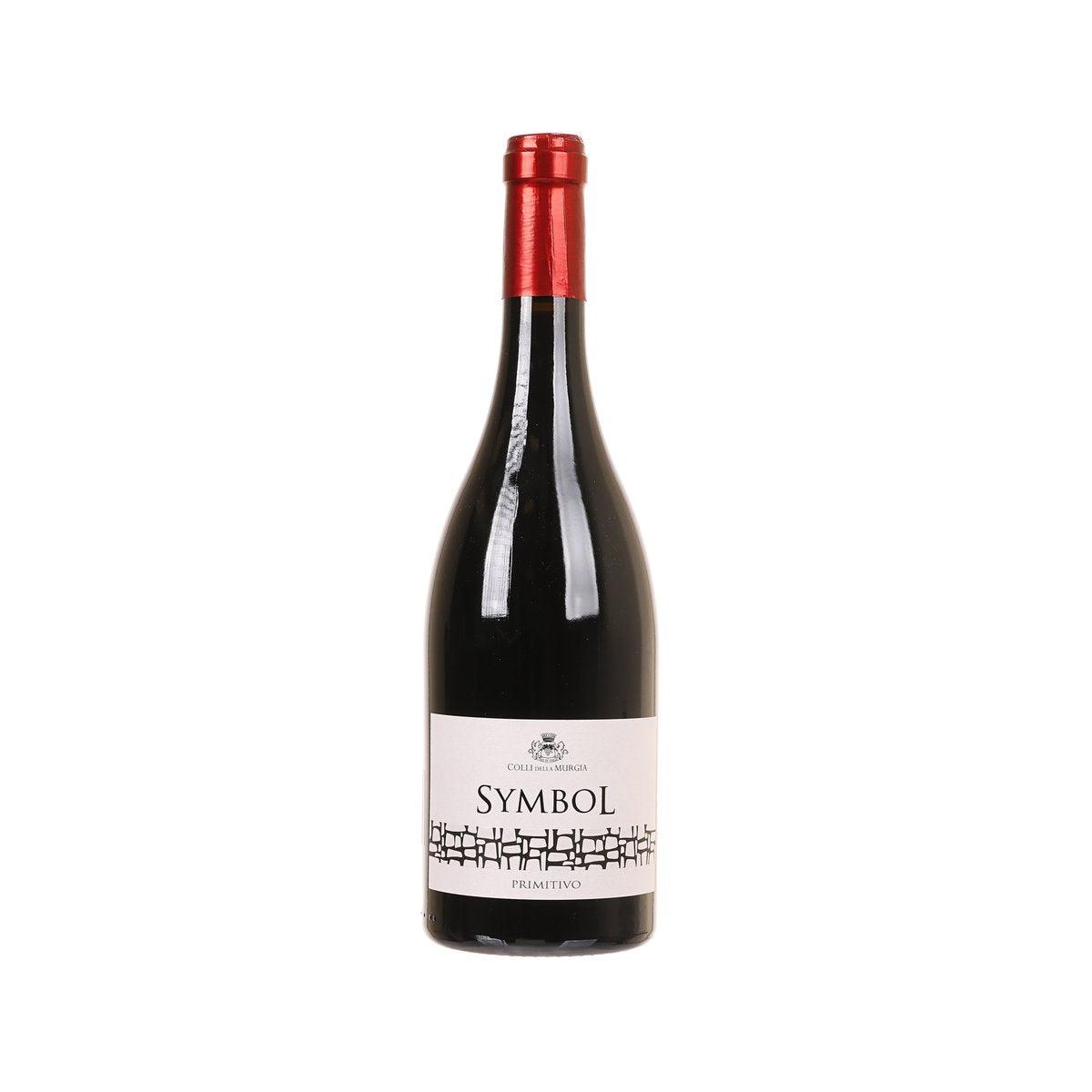 Wine bottle with red foil top and front label reading 'SYMBOL'.