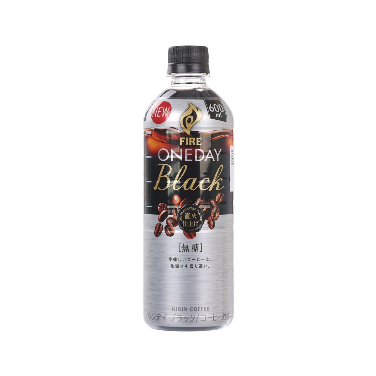 Kirin Coffee Fire One Day black coffee bottle, 600 mL, clear bottle with black cap