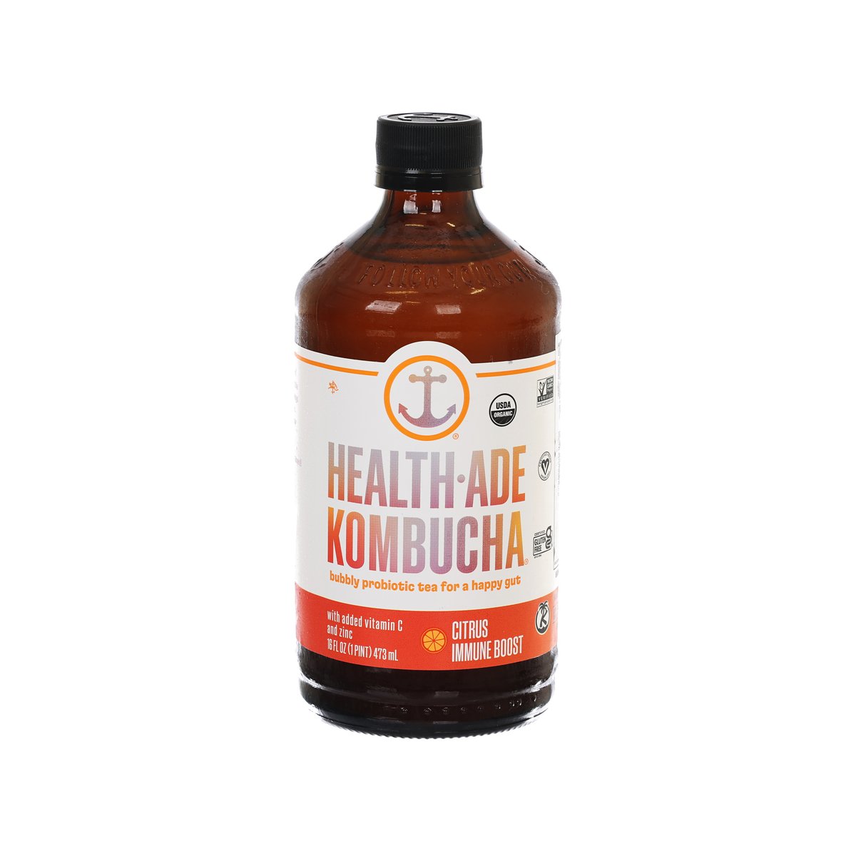Amber kombucha bottle with HEALTH- ADE Citrus Immune Boost label and black cap