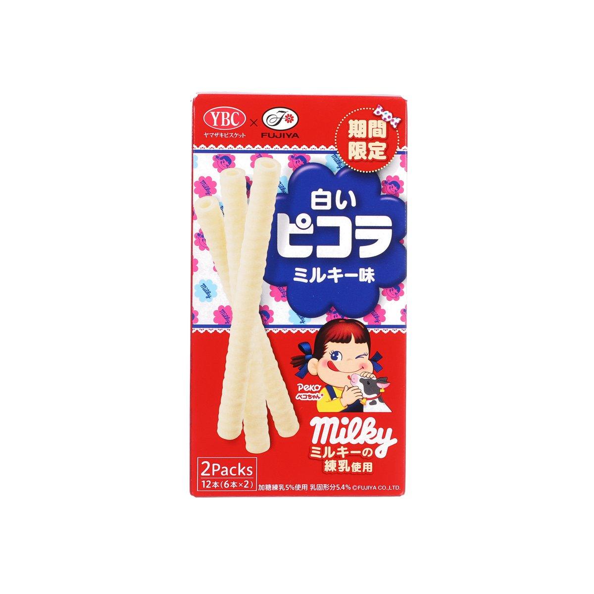 YBC Milky biscuit stick candy box with pale stick snacks, front view