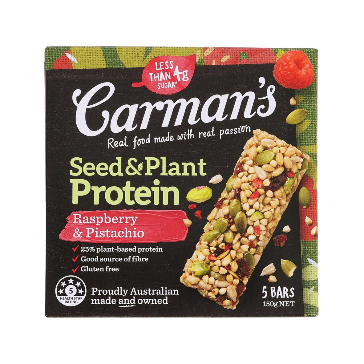 CARMAN'S Seed & Plant Protein Bar pack, raspberry & pistachio flavor