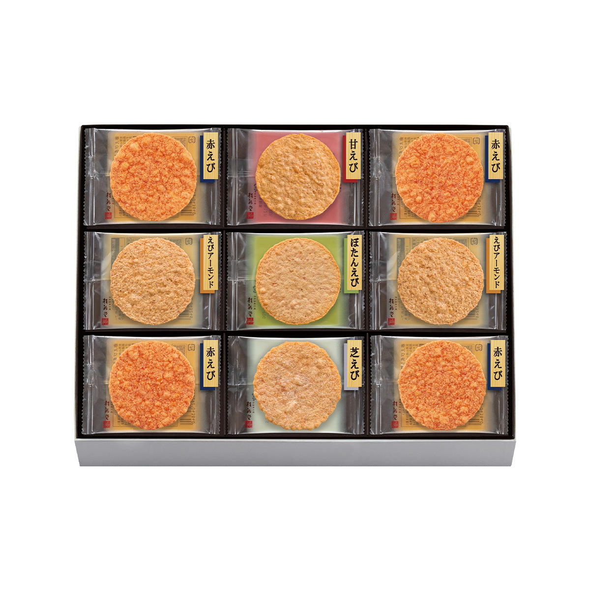 Roasted shrimp cracker assortment box with 9 round crackers