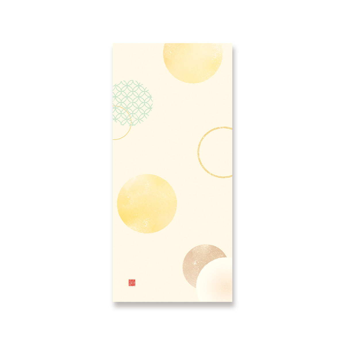 Japanese shrimp cracker box, pale cream with gold and beige circle graphics
