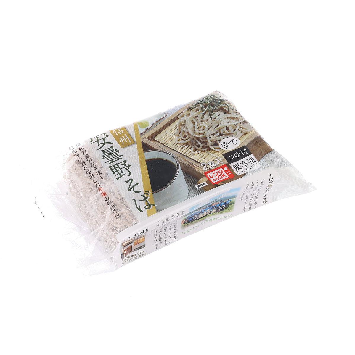 SHINETSU soba noodle with sauce pack, front view showing noodles and dipping sauce