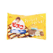Glico butter biscuit bag, yellow front with child and biscuit images