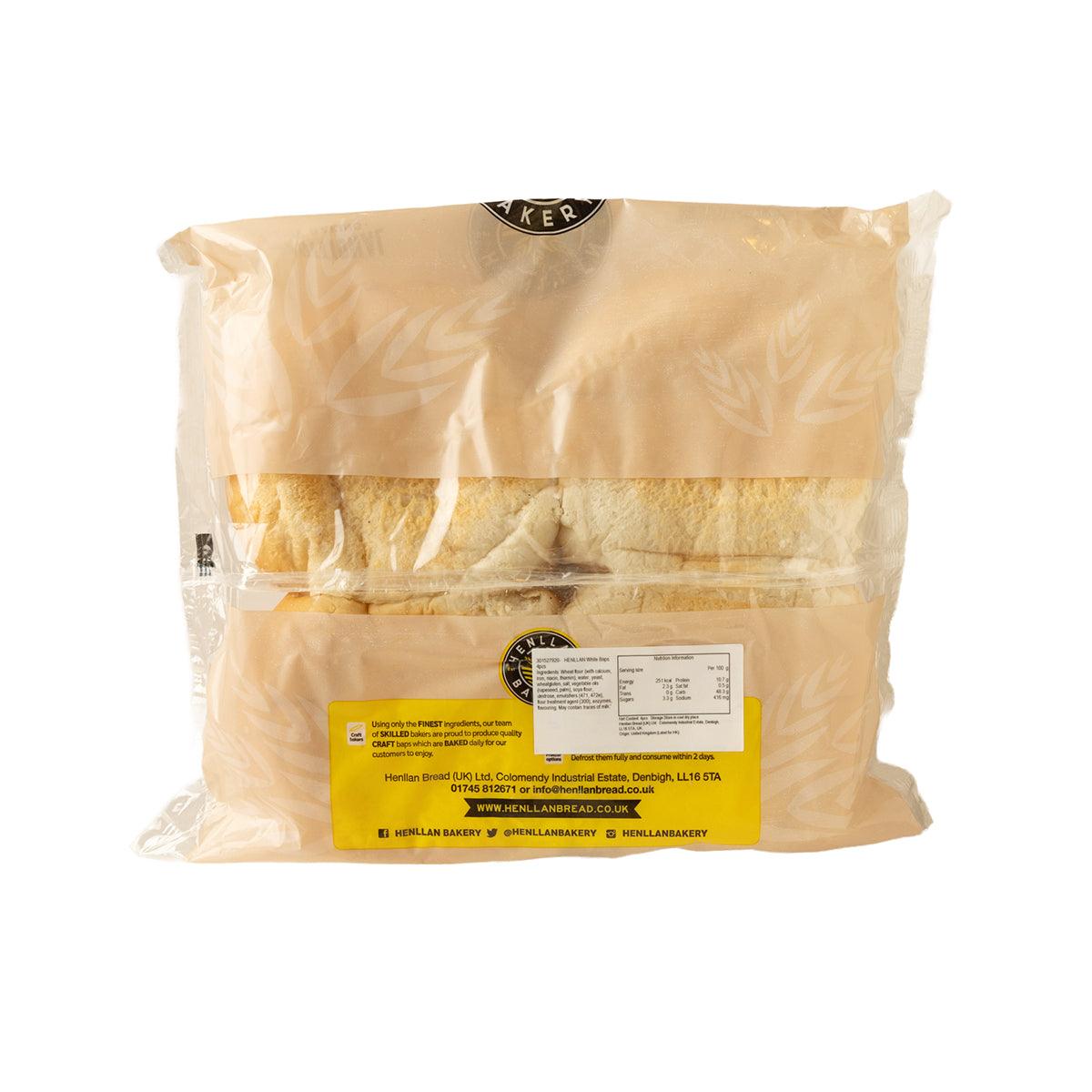 HENLLAN white baps 4-pack back label on clear plastic wrapper