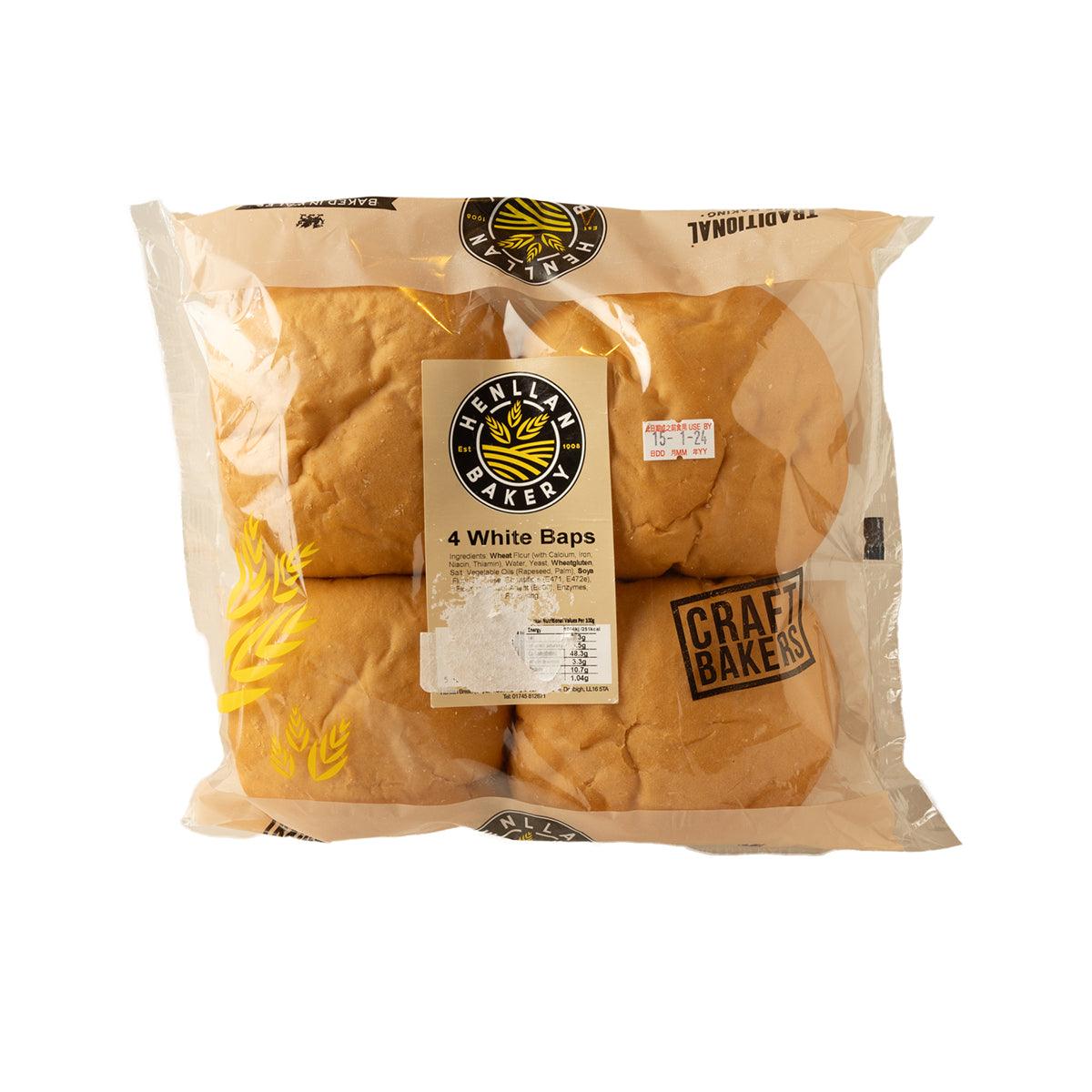 HENLLAN white baps bread rolls, 4-pack in clear plastic wrapper
