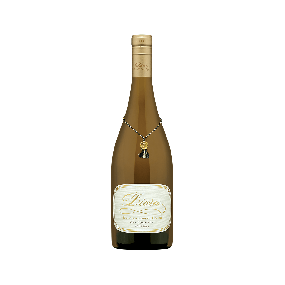 DIORA Chardonnay wine bottle with gold label and decorative rope neck