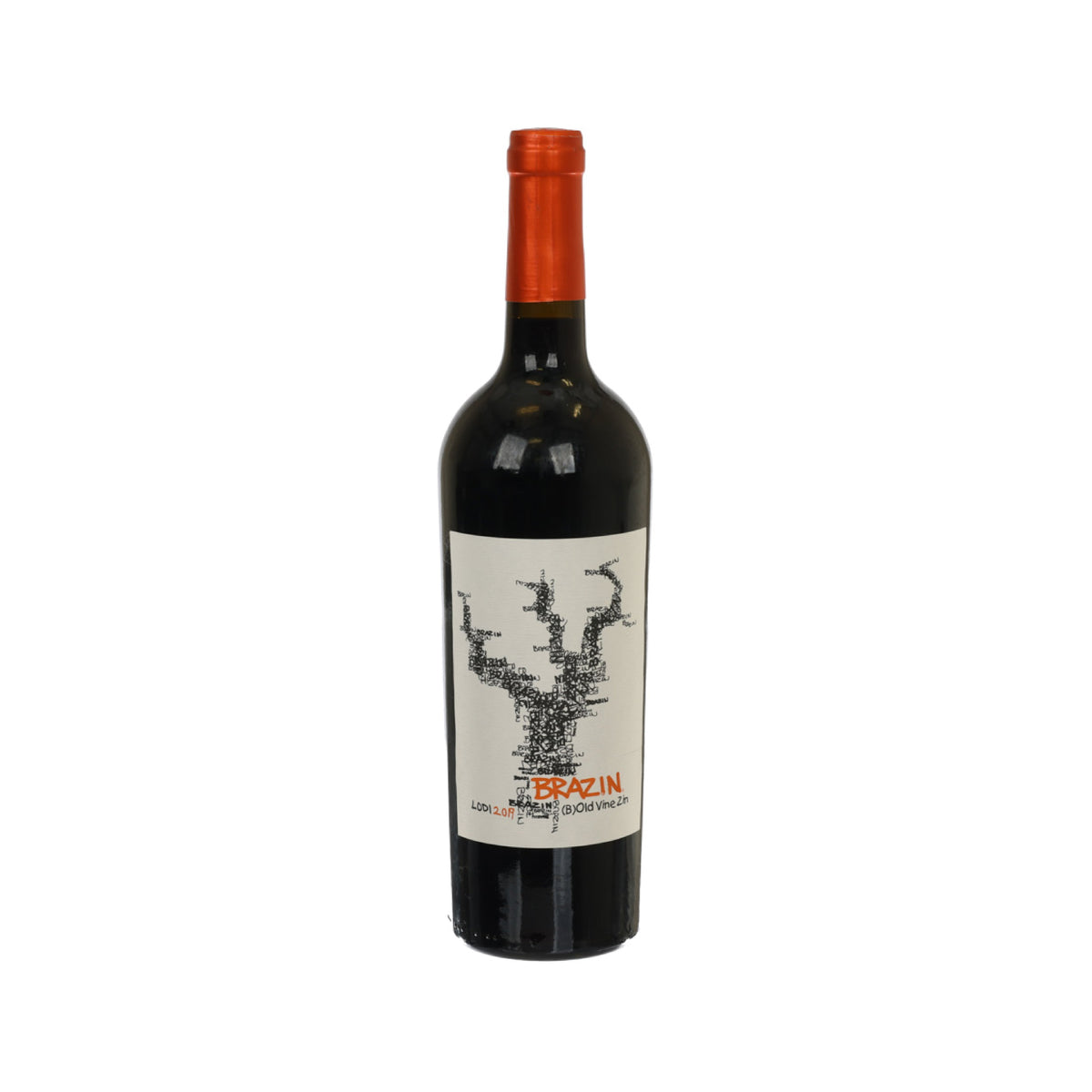 BRAZIN Zinfandel wine bottle with orange cork, front label view