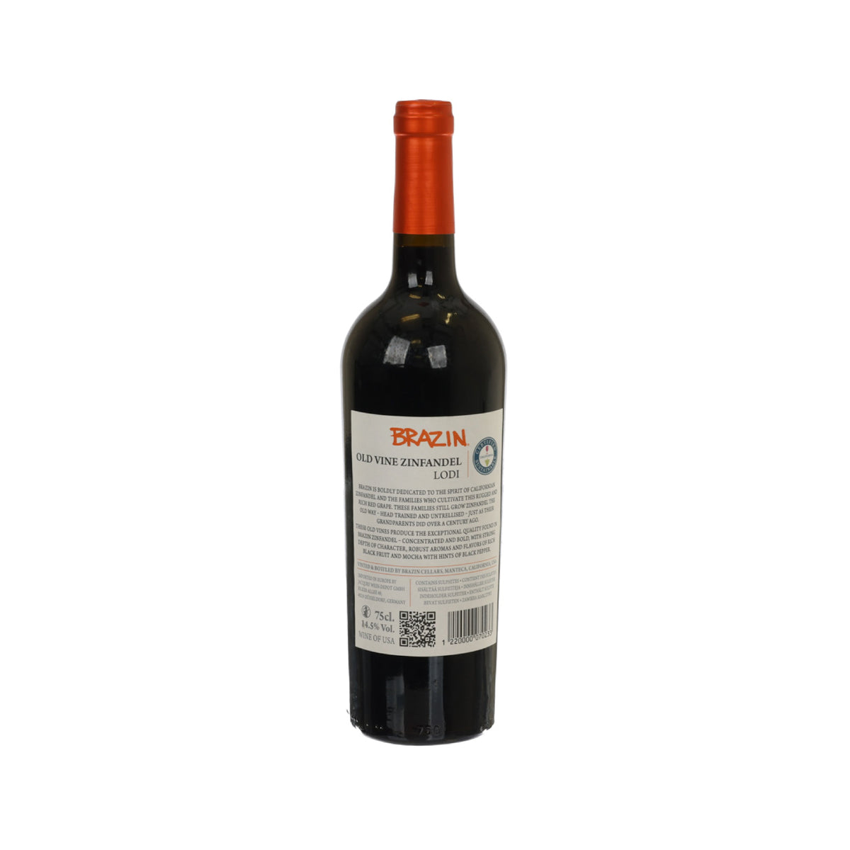 BRAZIN Zinfandel wine bottle with orange cork, back label detail