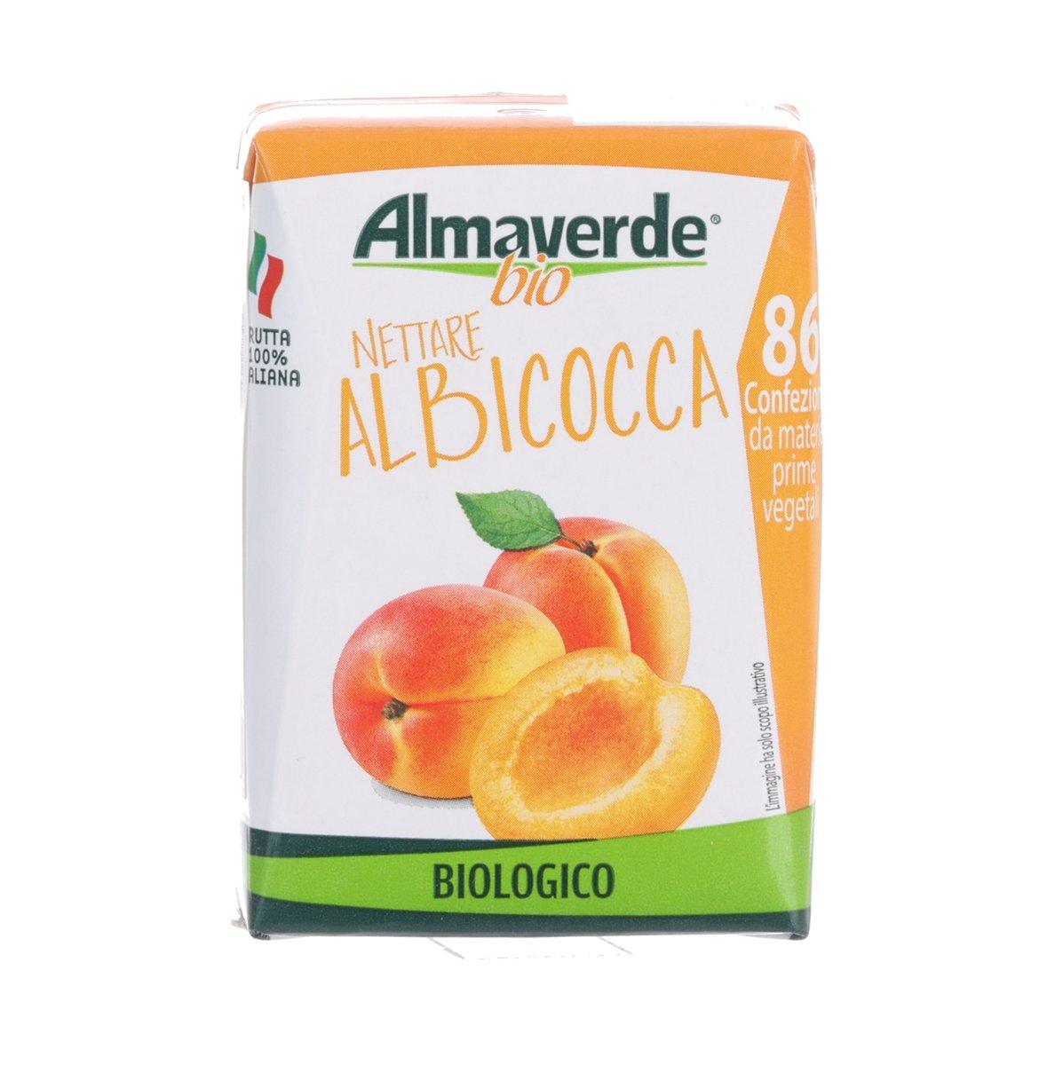 ALMAVERDE organic apricot nectar carton, front label with apricots and 200 mL