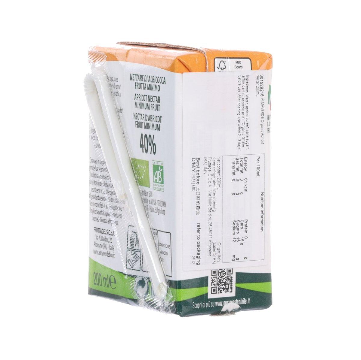 ALMAVERDE organic apricot nectar carton, back label with nutrition panel and 200 mL