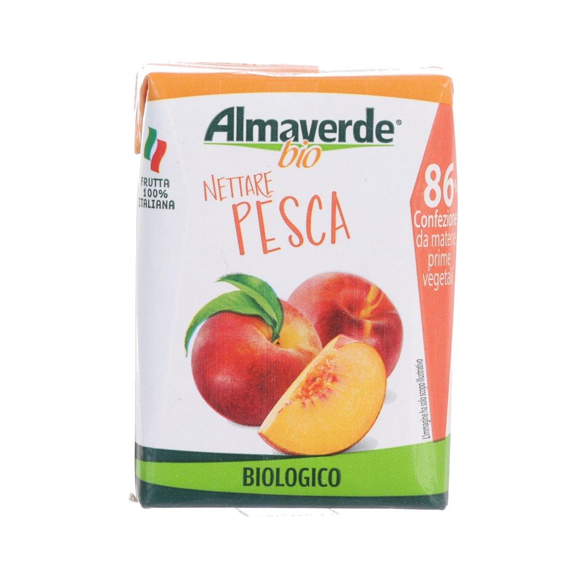 Almaverde bio peach nectar carton, 200 mL, with peach fruit and leaf graphics