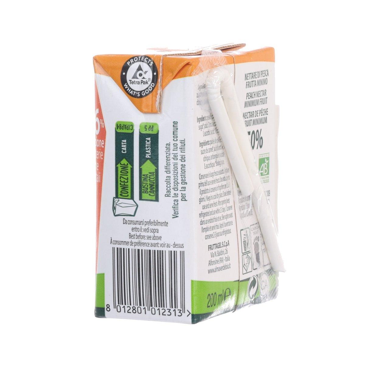 Peach nectar carton back panel with barcode and text, 200 mL, visible spout