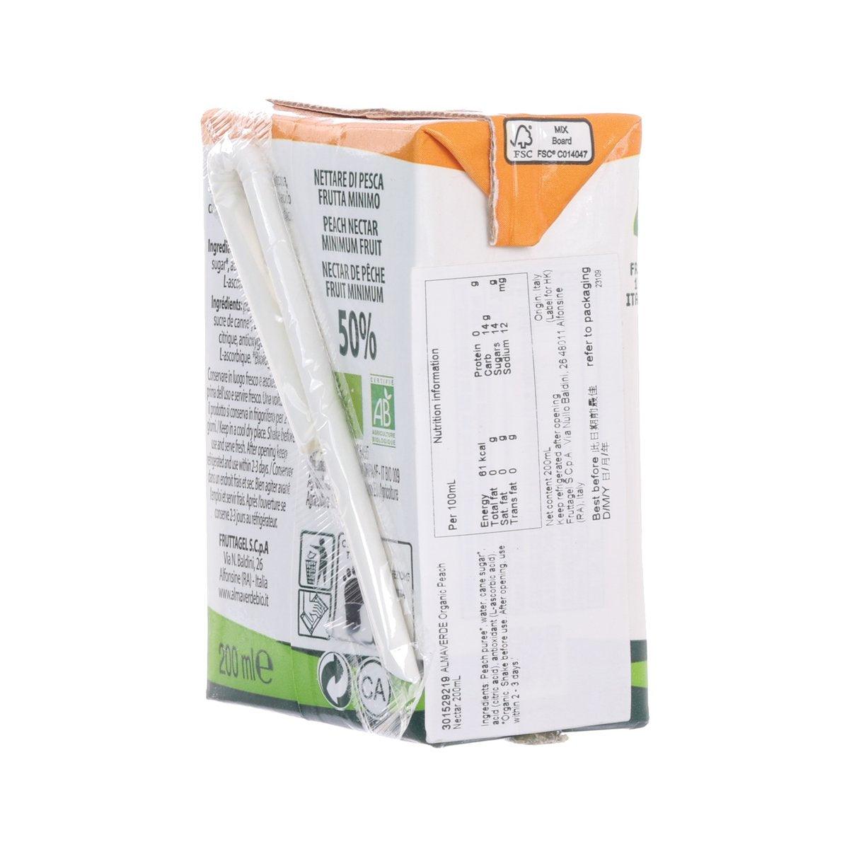 Peach nectar carton side with nutrition and ingredient panel, 200 mL