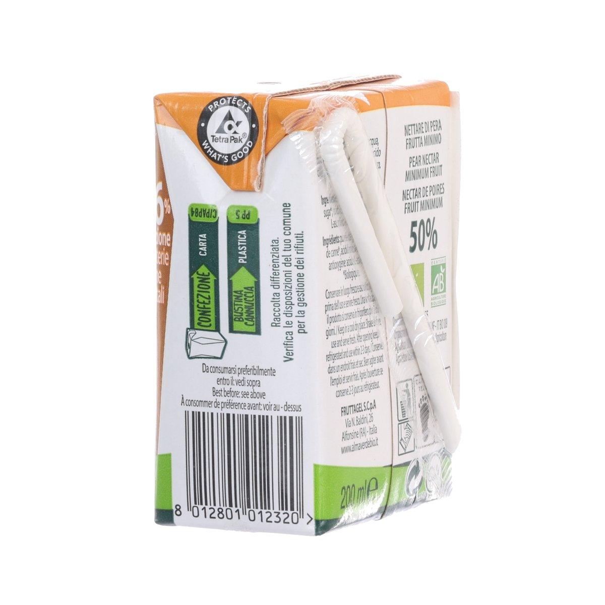 Organic pear nectar carton back view with nutrition panel and barcode