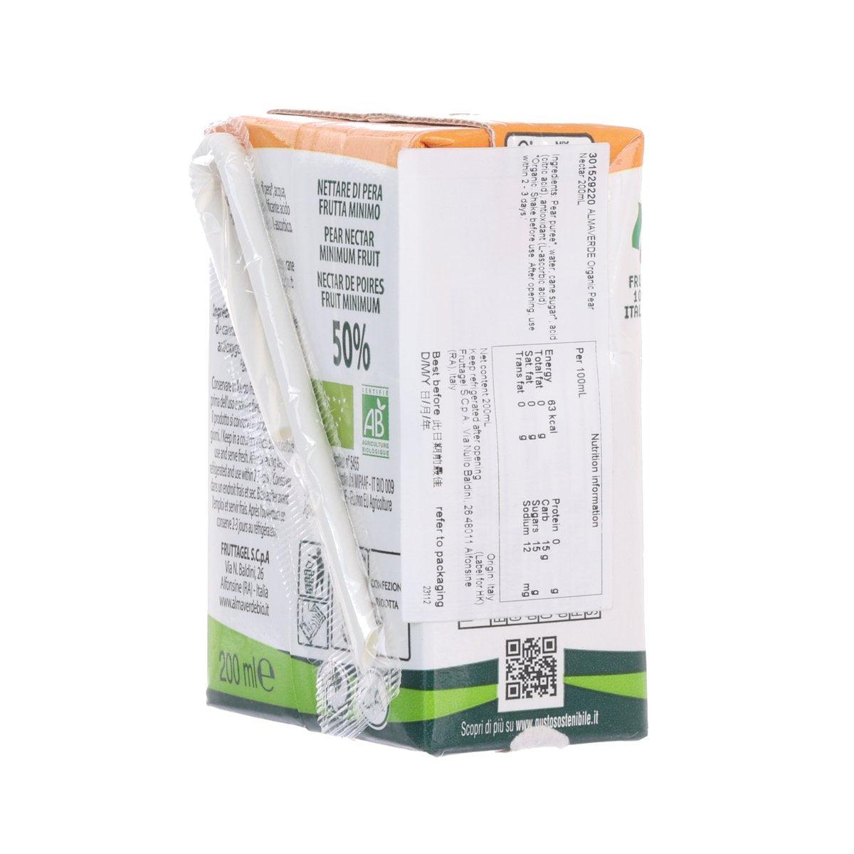 Organic pear nectar carton side with ingredient text and QR code