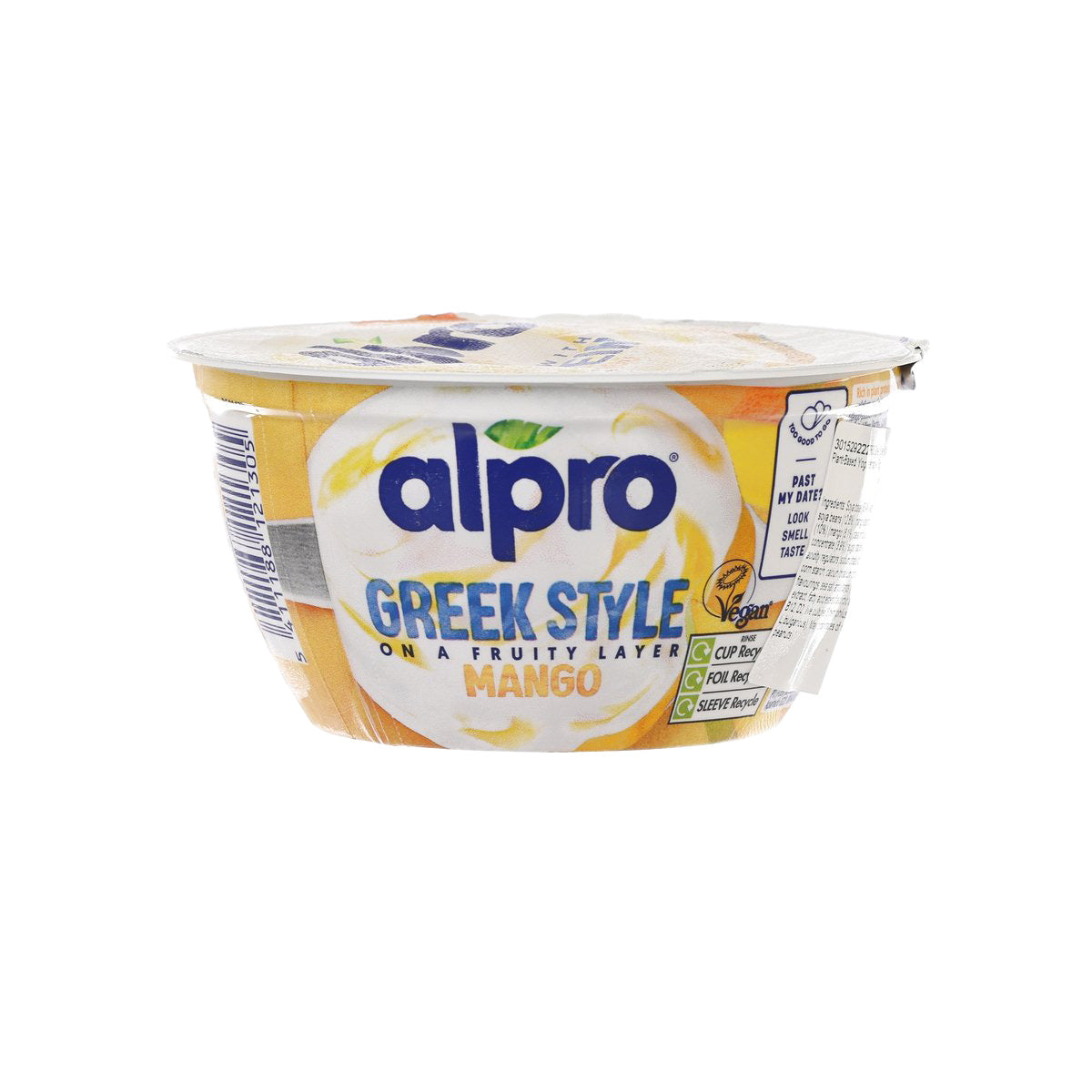 ALPRO Greek-style mango soya yogurt alternative cup, side view of label