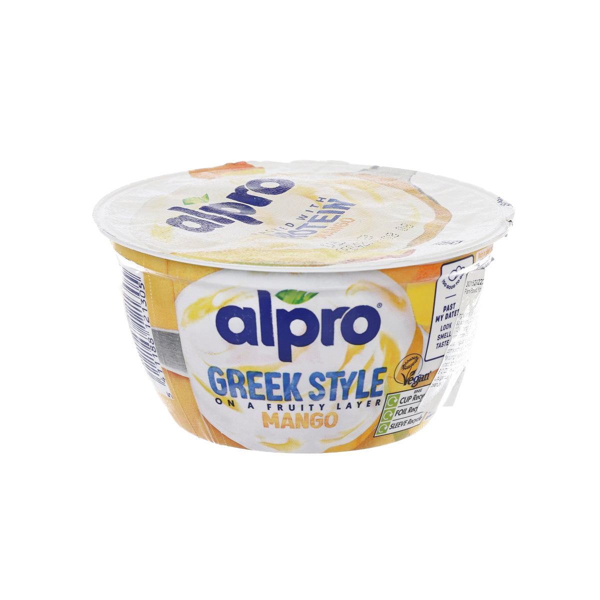 ALPRO Greek-style mango soya yogurt alternative cup with lid label