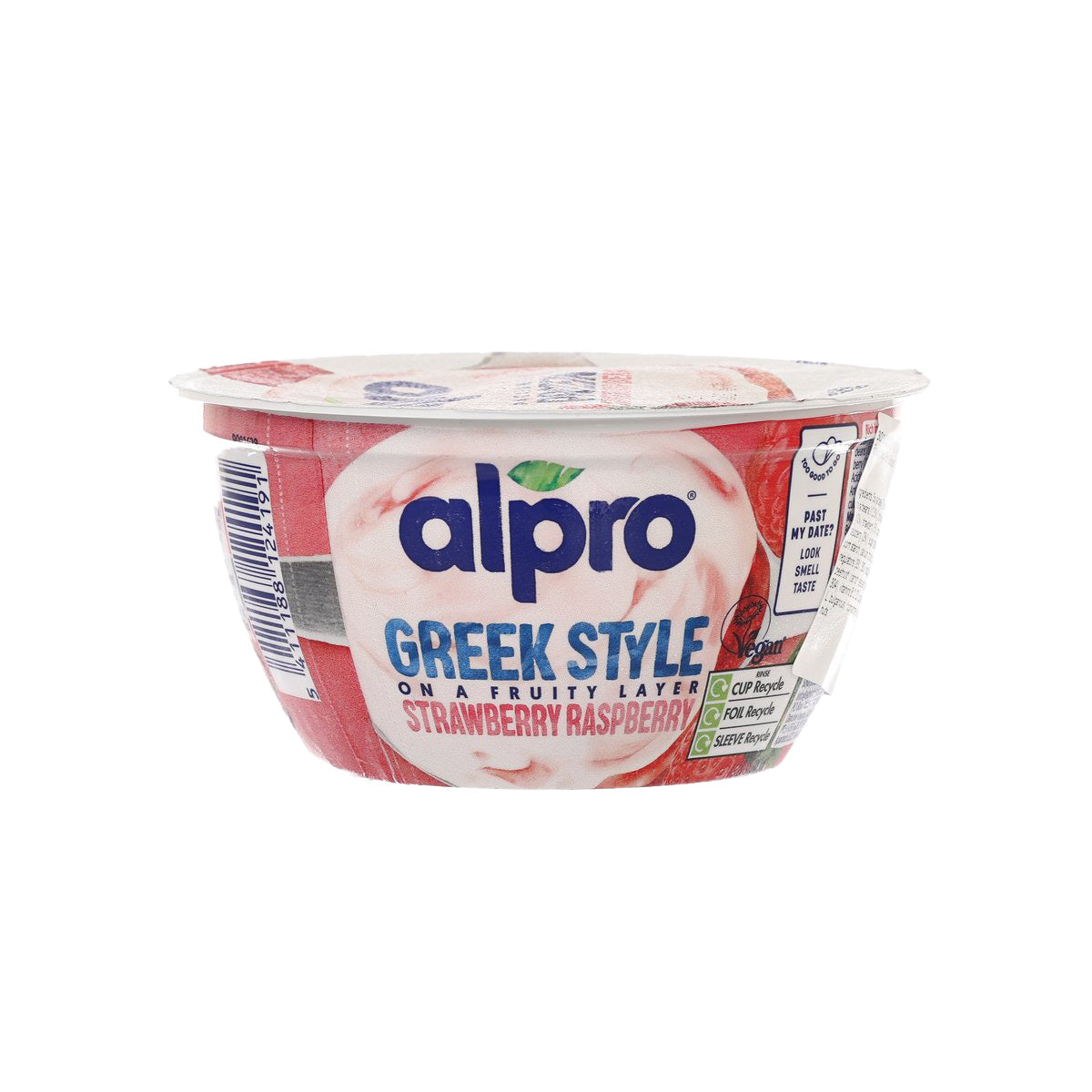 ALPRO Greek Style strawberry-raspberry soya yogurt alternative tub, front label view