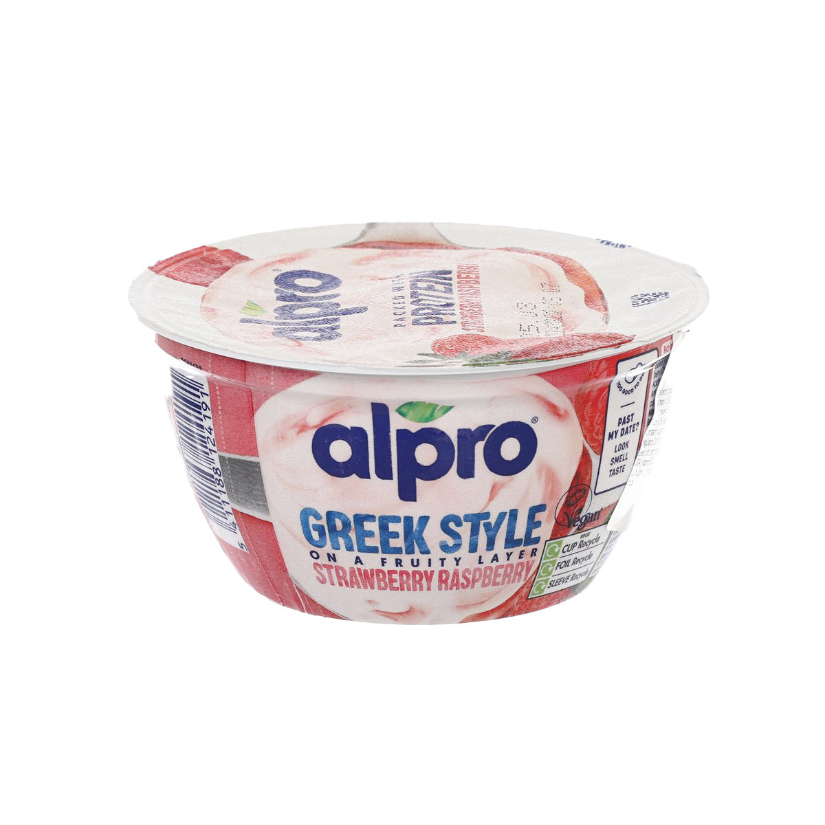 ALPRO Greek Style strawberry-raspberry soya yogurt alternative tub, sealed lid