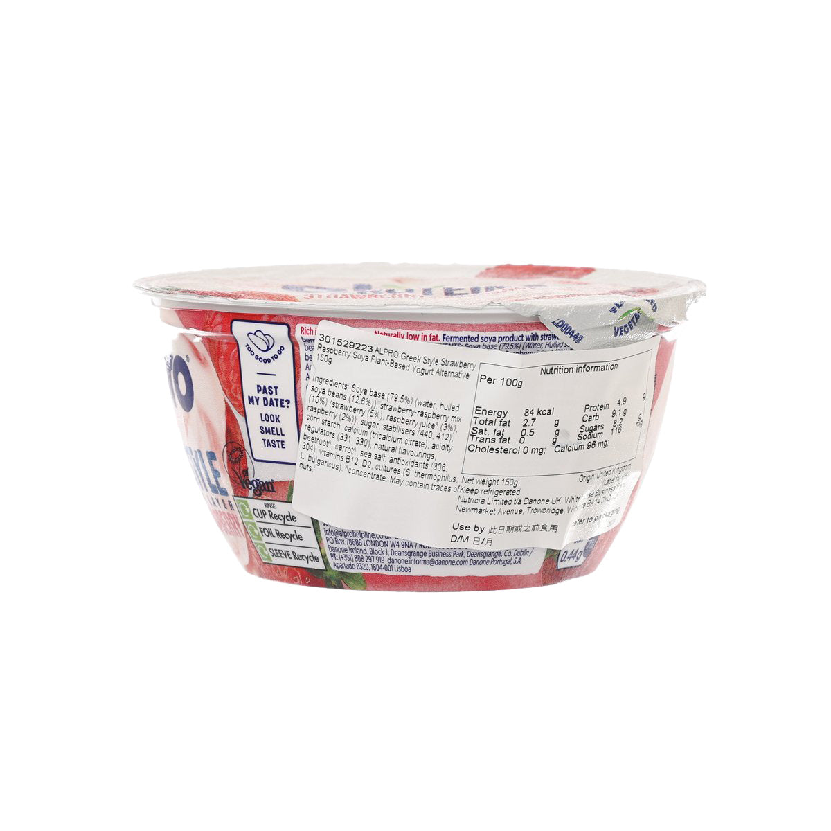 ALPRO Greek Style strawberry-raspberry soya yogurt alternative tub, rear label
