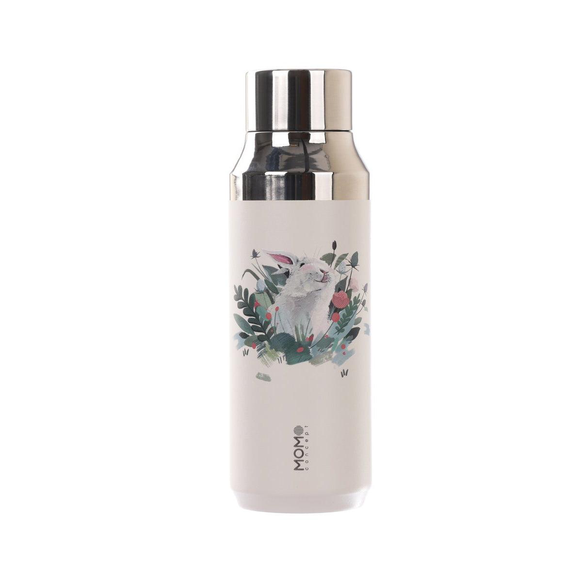 Cream white 410mL stainless steel bottle with silver lid and garden artwork
