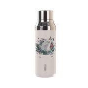 Cream white 410mL stainless steel bottle with silver lid and garden artwork