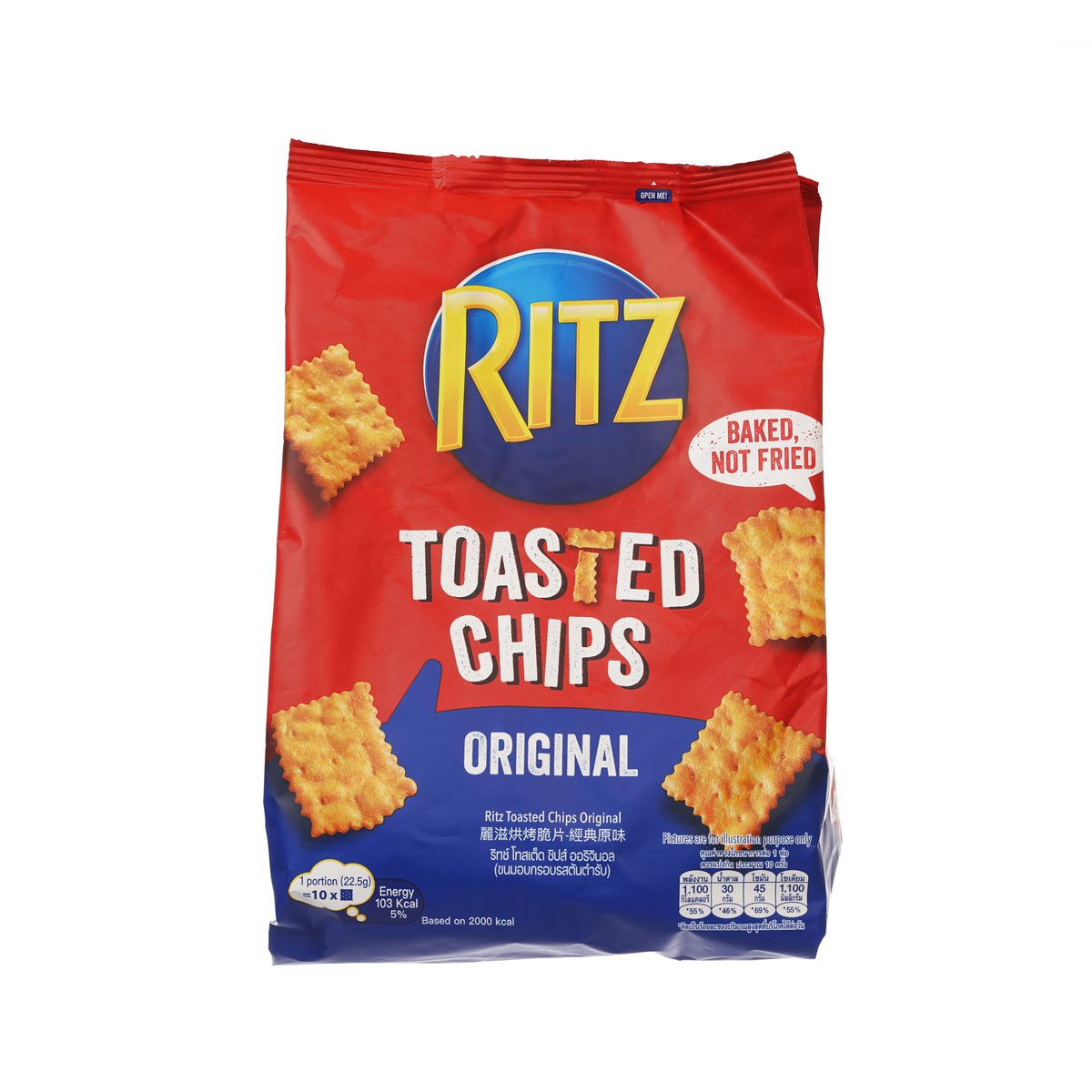 Toasted chips bag with RITZ branding; front shows Original and Baked, not fried.