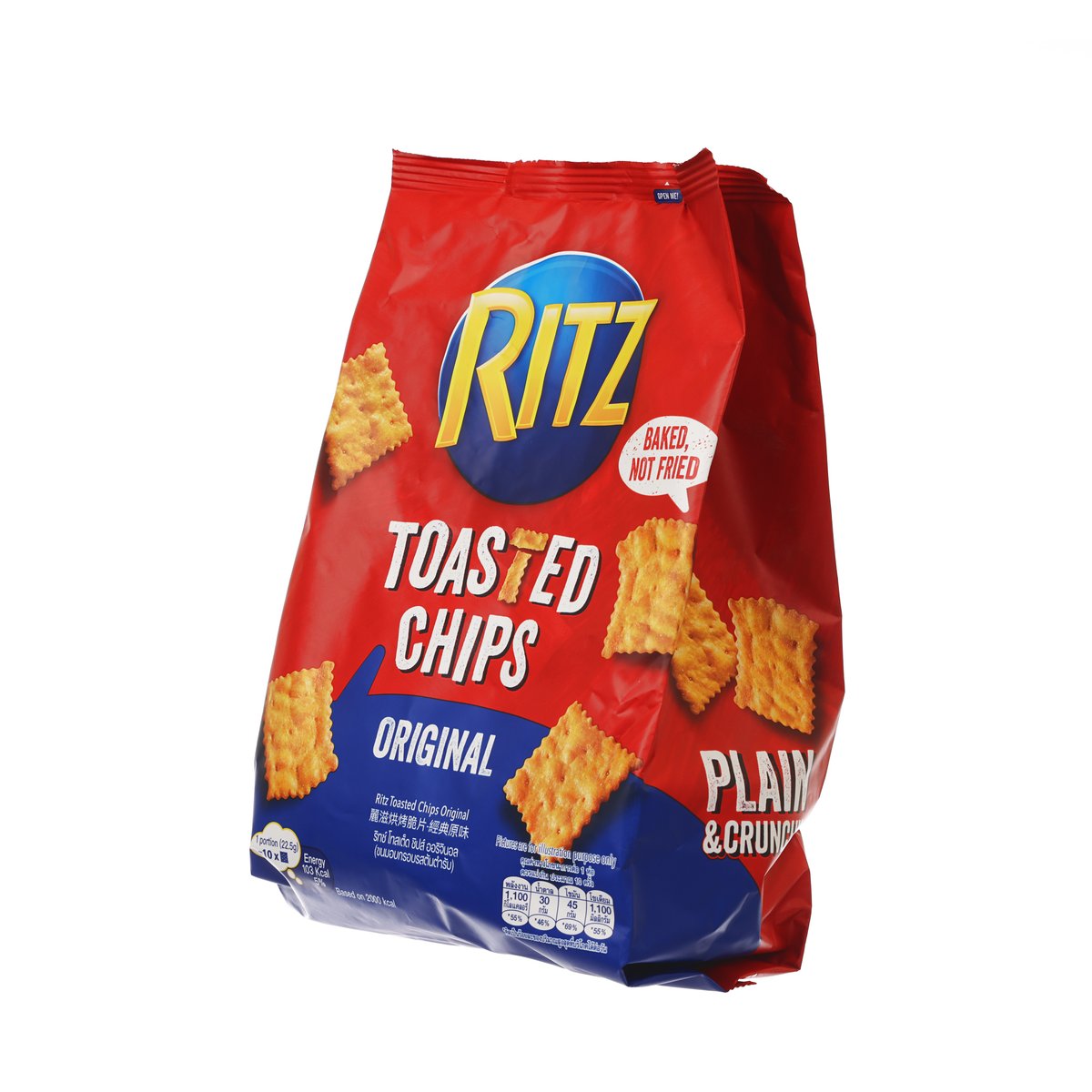Toasted chips bag with RITZ branding; front shows Plain & Crunchy and Original.
