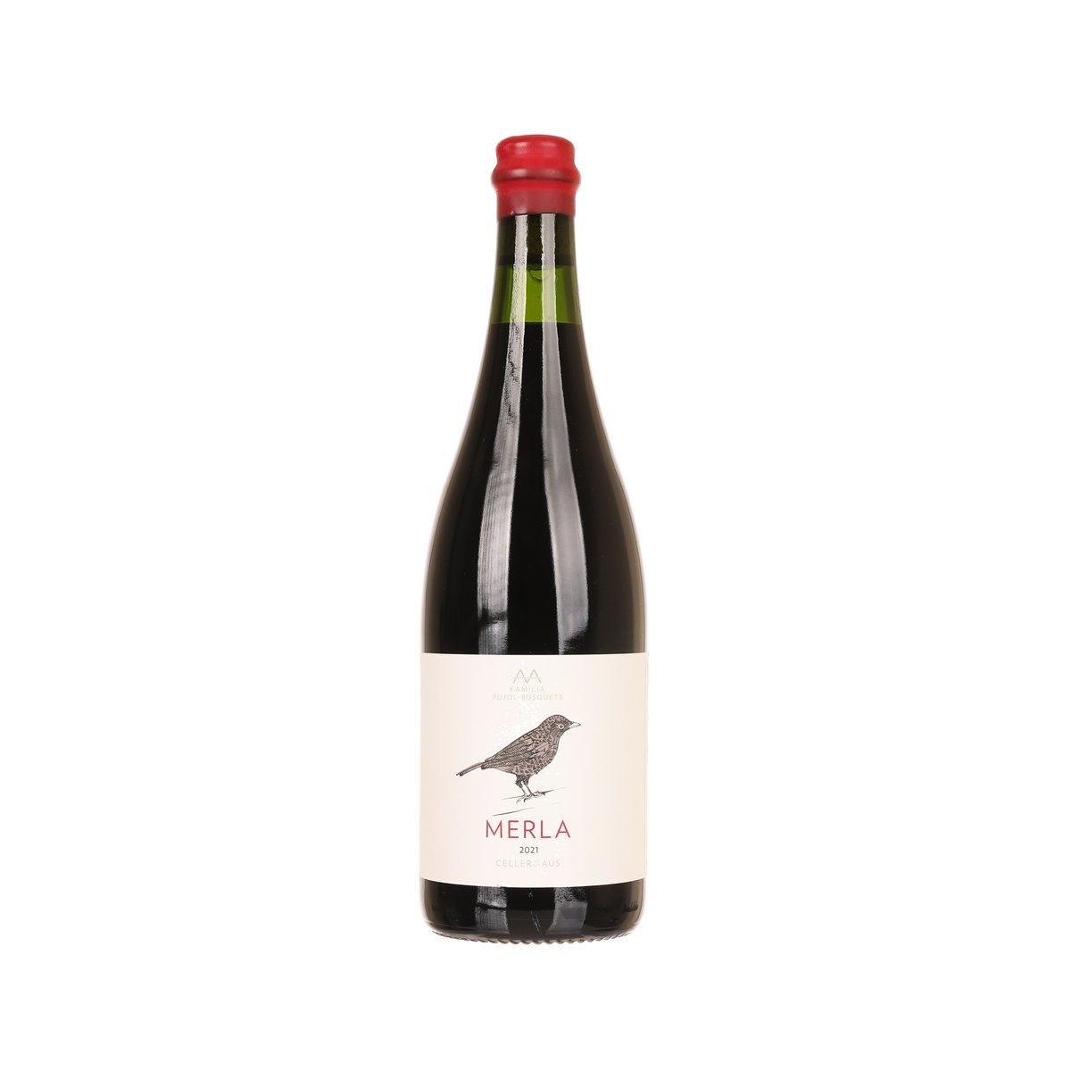 Merla wine bottle with red cap and cream label featuring a bird