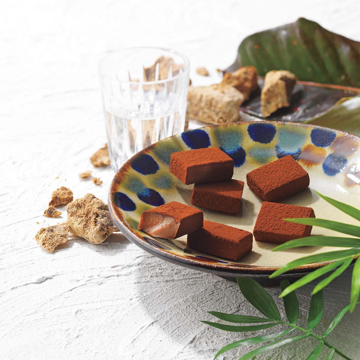 Dark brown nama chocolate cubes on a plate, dusted with cocoa powder
