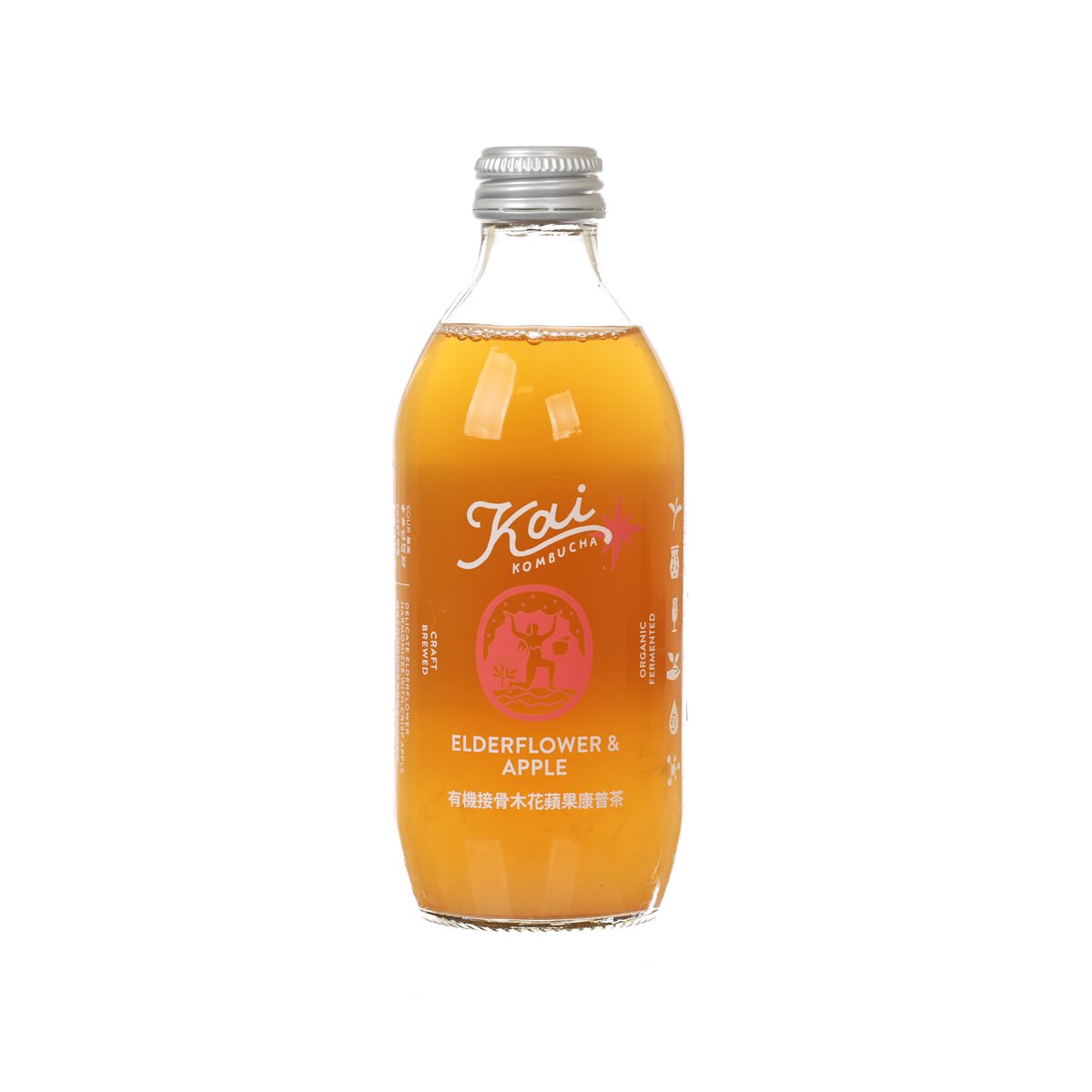 KAI KOMBUCHA kombucha bottle with amber elderflower & apple label, metal cap, 330 mL