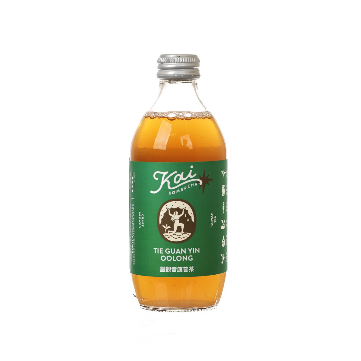 KAI kombucha Tie Guan Yin oolong 330 mL bottle, amber tea and green label