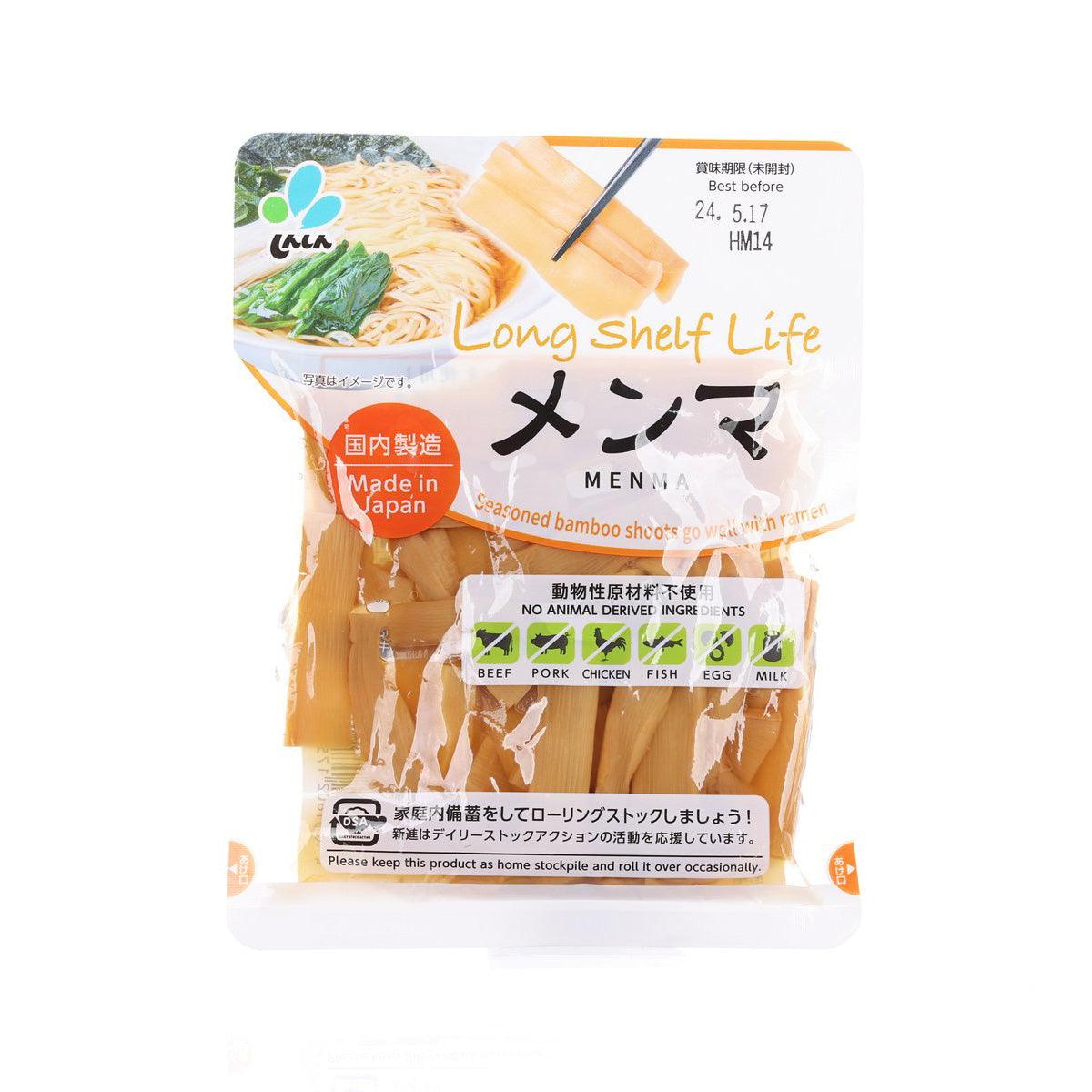 SHINSHIN long-life pickled bamboo shoot menma in 90g pouch, front view