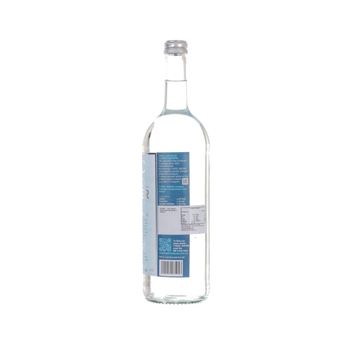 TYROL WATER 1L glass bottle with blue back label and metal screw cap