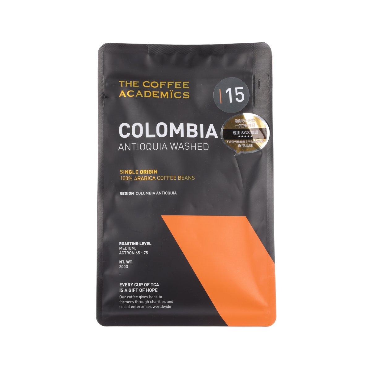 Black coffee pouch with orange panel, 'Colombia Antioquia Washed' and 1/5 badge