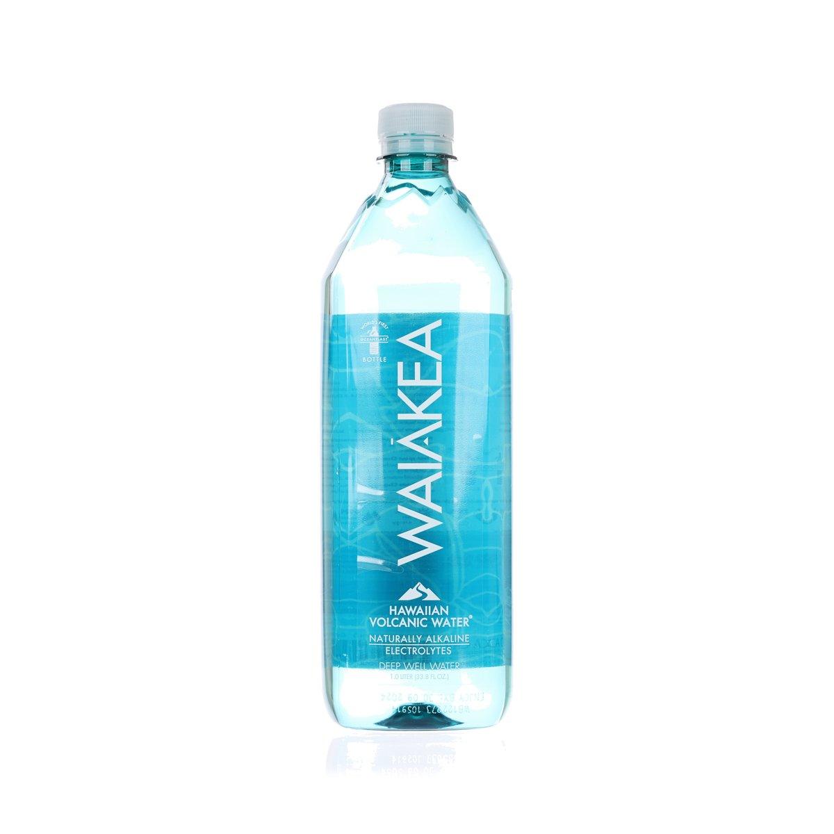WAIAKEA volcanic water bottle, clear plastic with blue label and screw cap, 1L.