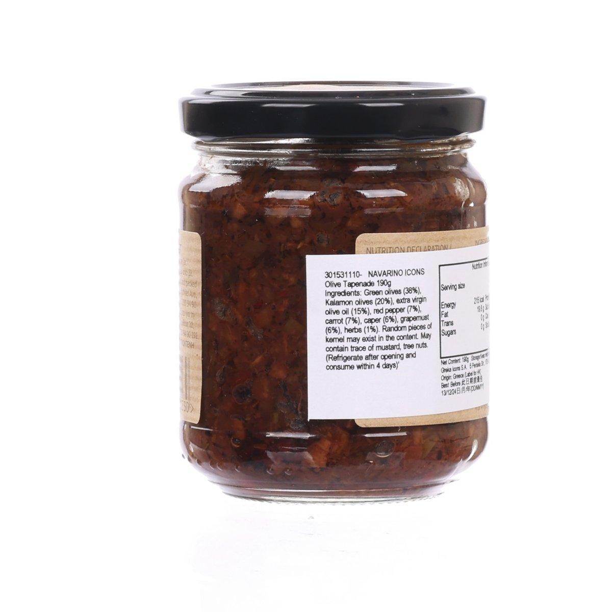 NAVARINO Icons olive tapenade jar with back label and nutrition panel, 190 g