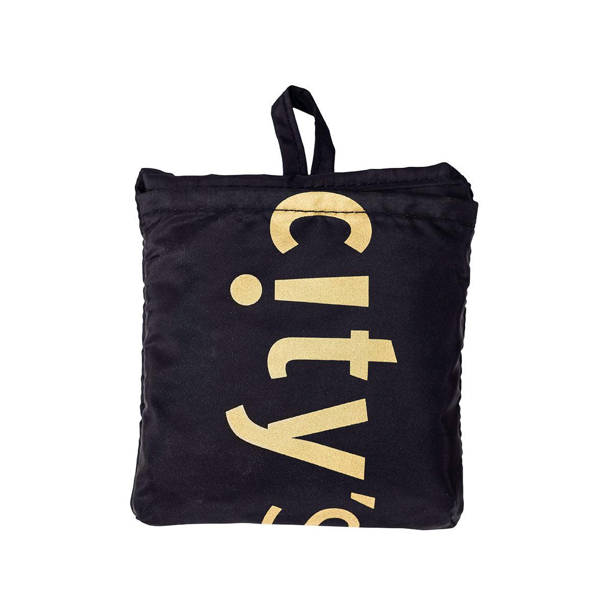 Black pocketable shoulder bag, folded tote style, gold CITYSUPER logo