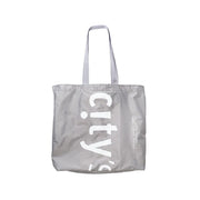 Taupe foldable tote bag with long handles and large front print