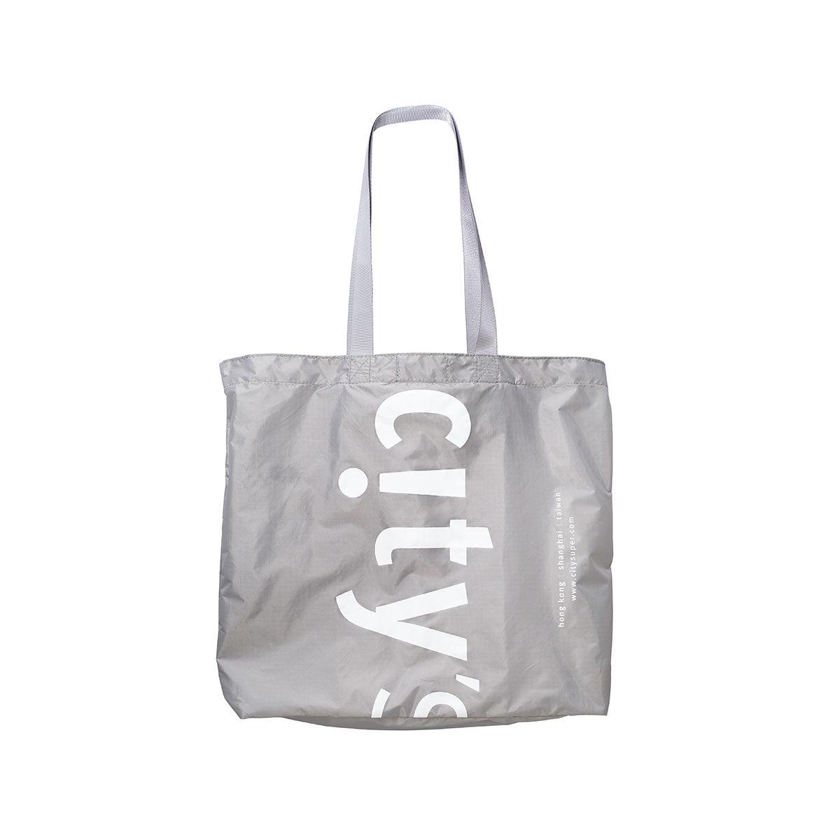 Taupe foldable tote bag with long handles and large front print