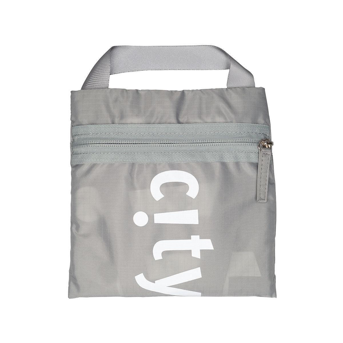 Taupe foldable tote with front zip pocket and long top handles