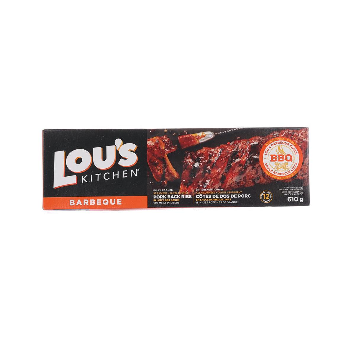 LOU'S KITCHEN BBQ pork back ribs pack, front view, 610 g