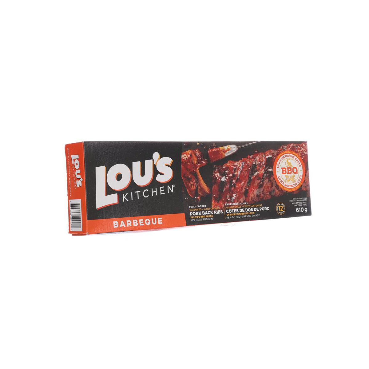 LOU'S KITCHEN BBQ pork back ribs pack, side/front angle, 610 g