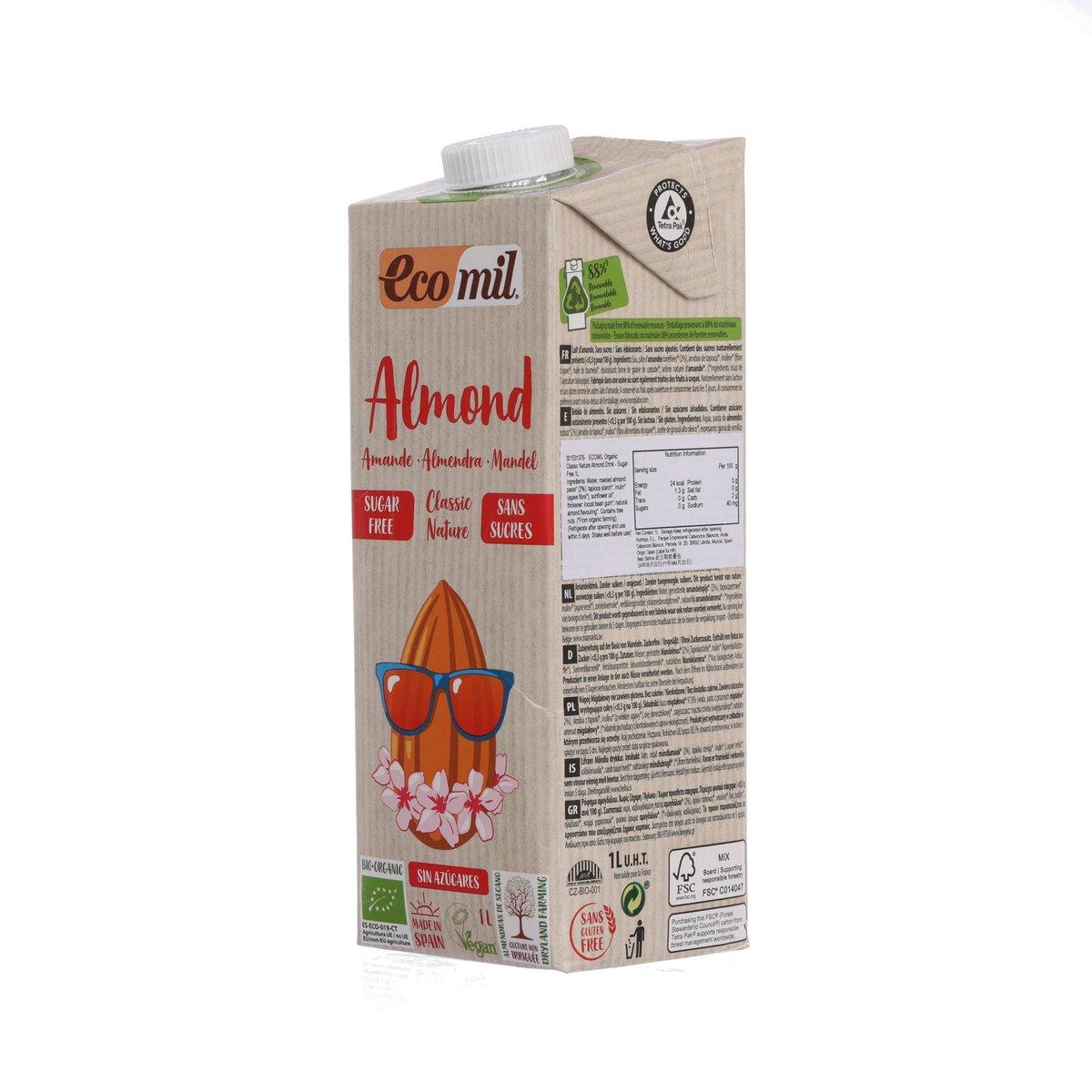 ECOMIL Almond sugar-free organic drink, 1L carton side with ingredient panel