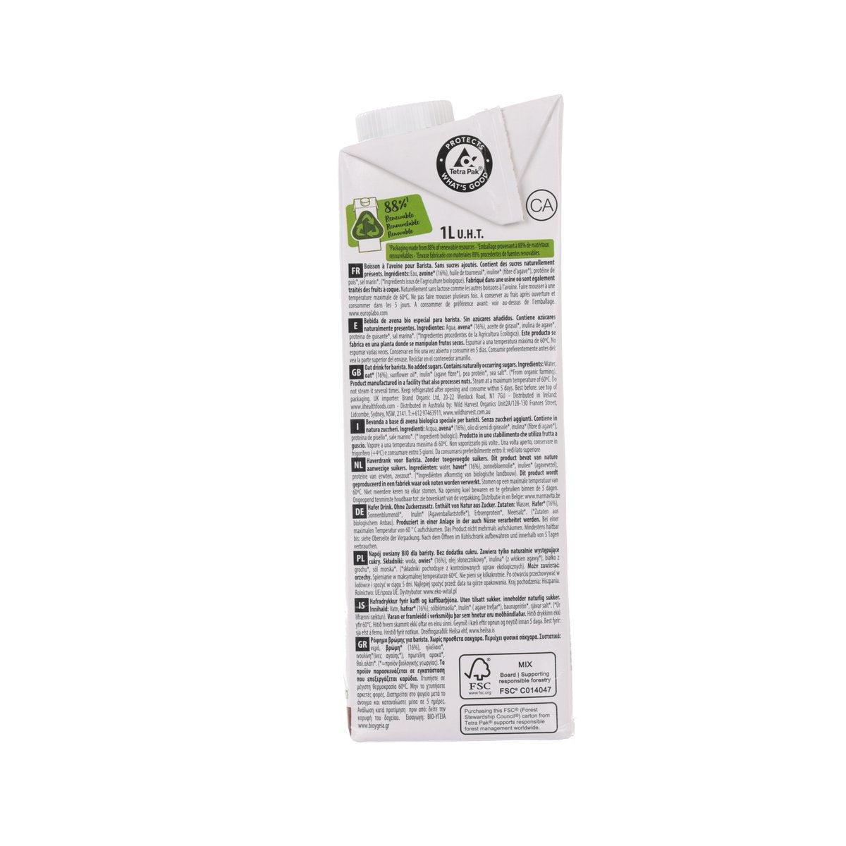 1L oat drink carton back panel with ingredient text and seal icons