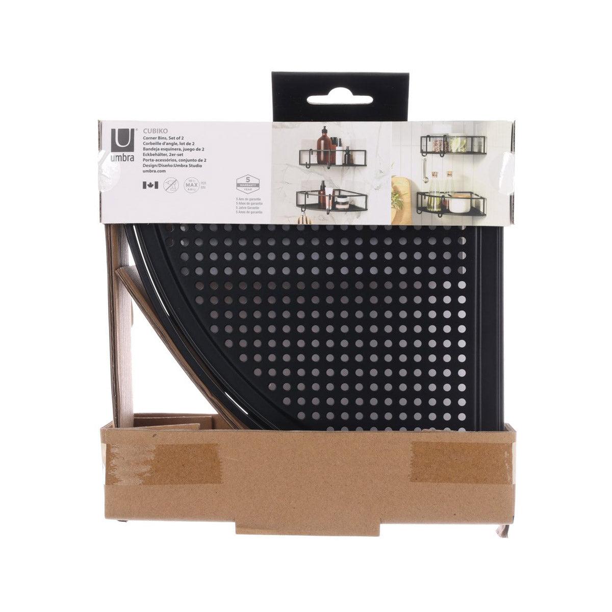 Black corner trash bin set of 2 with perforated panels and hinged lid